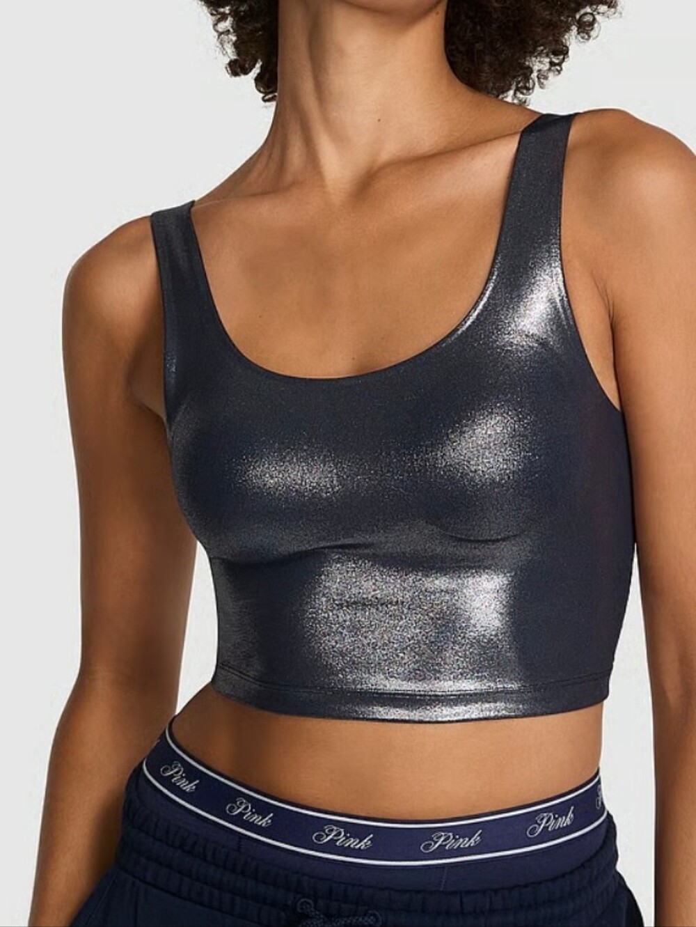 Victoria's secret pink relay bra tank noir navy foil metallic silver size large